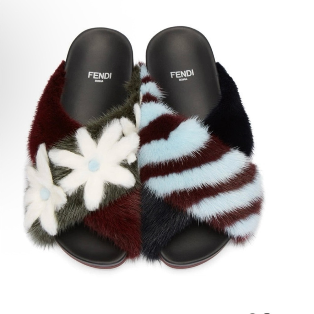 💯 Authentic Fendi Fur Flowerland Multicolor Slides Black & Brown Luxurious Shoe